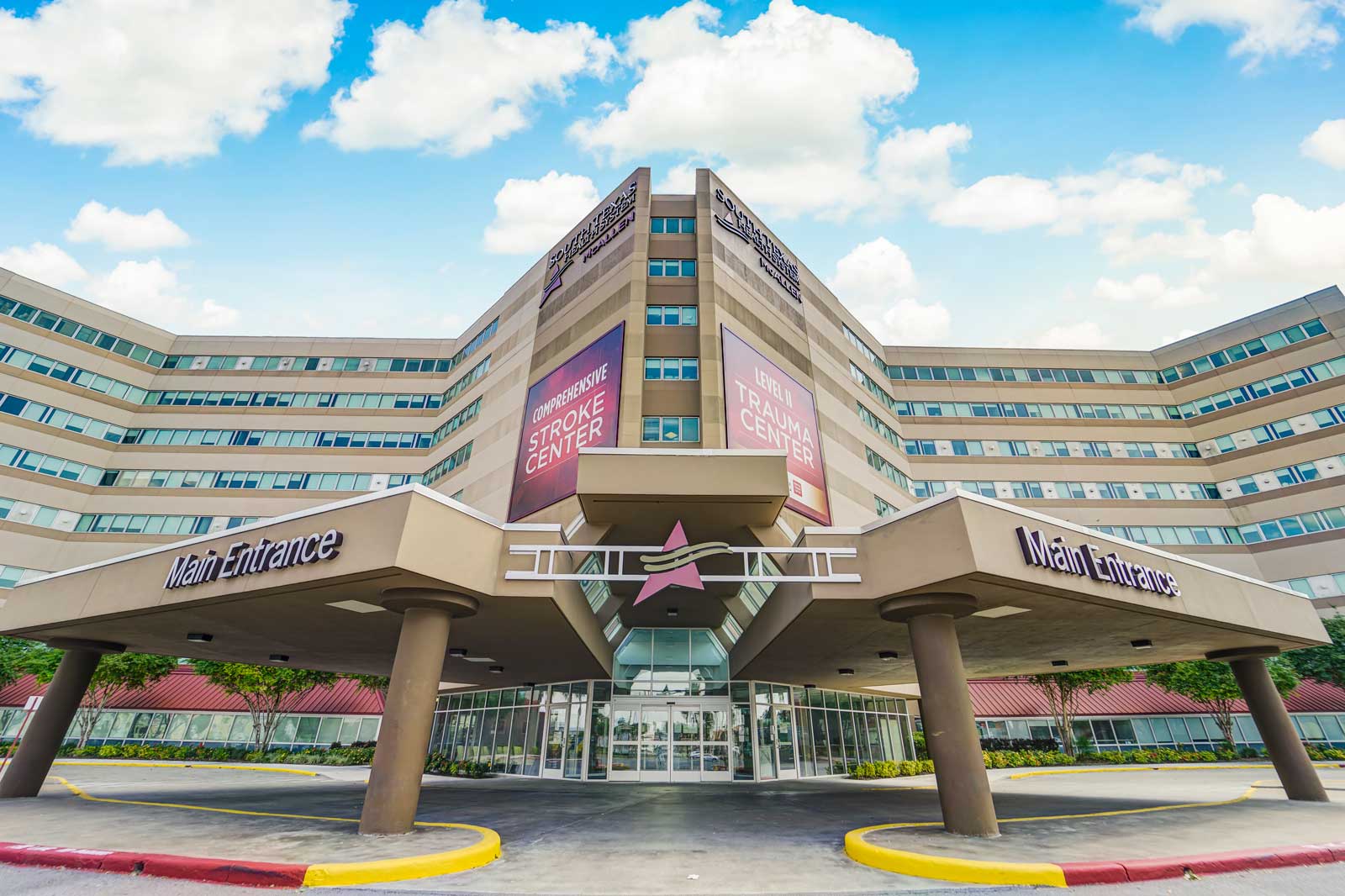 Exterior view of main entrance to hospital